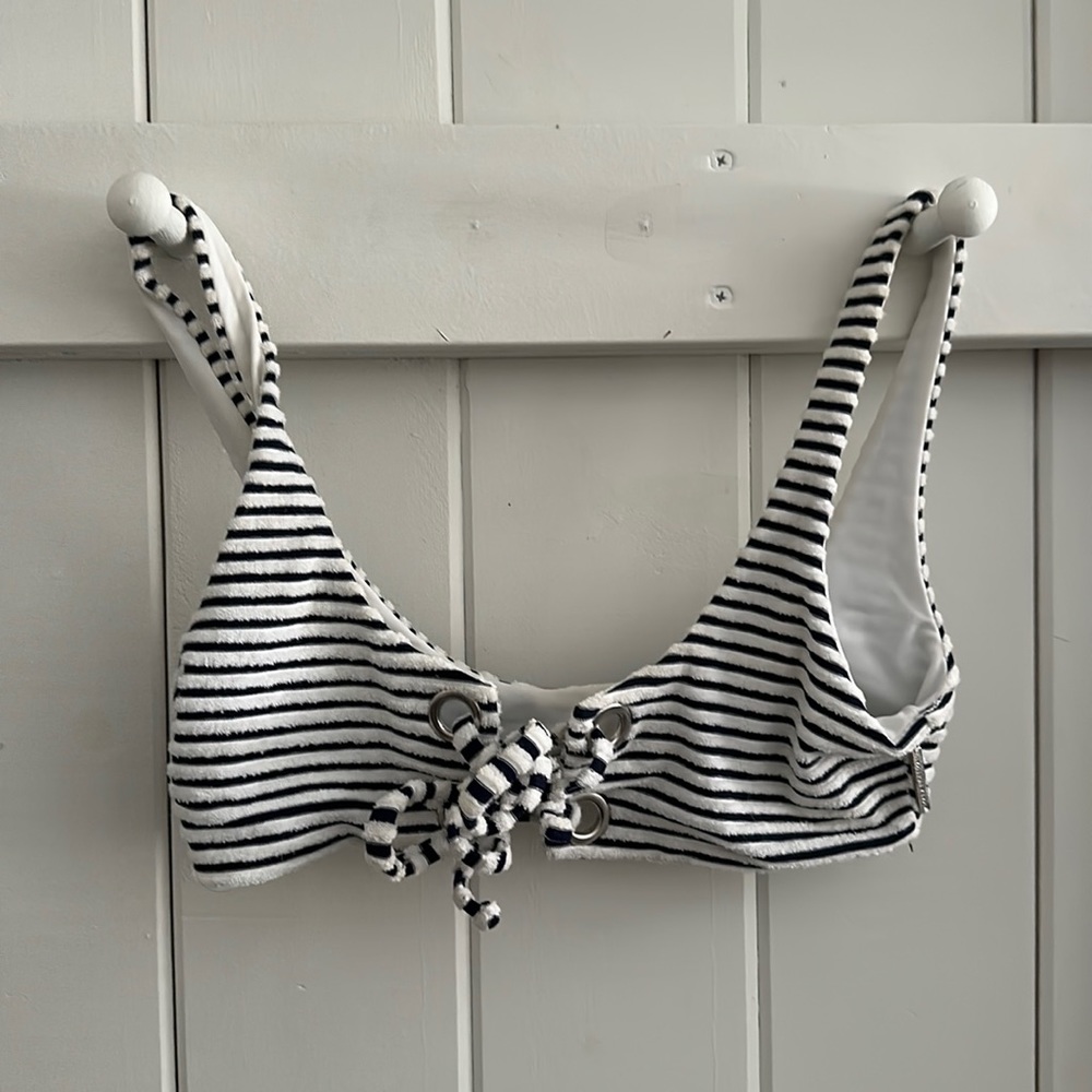Mara Hoffman lace front bikini top; terry cloth, navy and white stripes.
